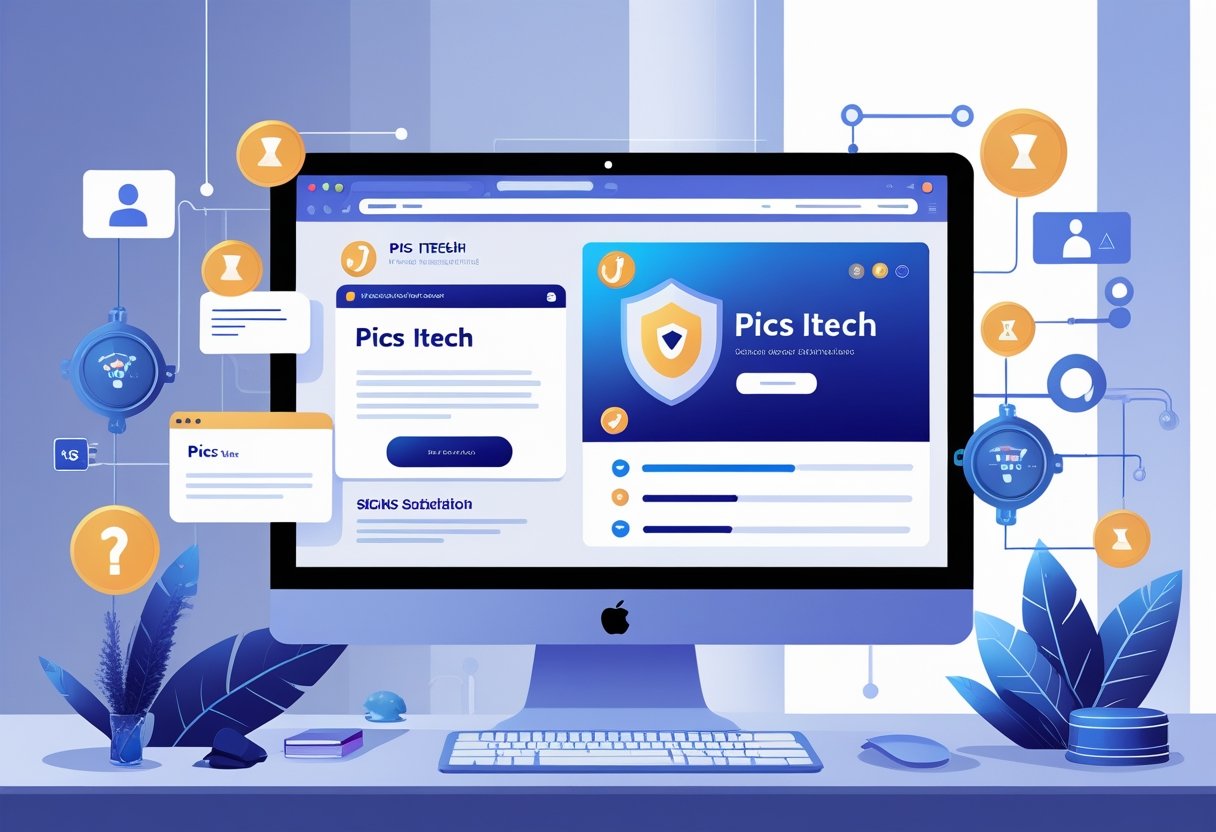 컴퓨터 화면에 PICS Itech을 사칭한 SNS 광고가 표시되고, 의심스러운 토토 링크가 포함된 장면