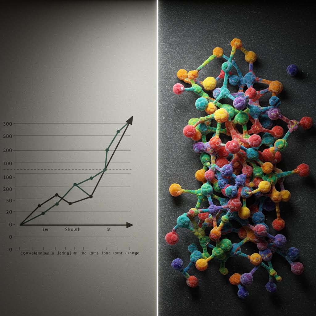 좌우 분할: 왼쪽은 성장 곡선을 그린 선 그래프, 오른쪽은 다채로운 분자 모델. 데이터 기반 과학 연구와 복잡계 분석의 융합을 상징.