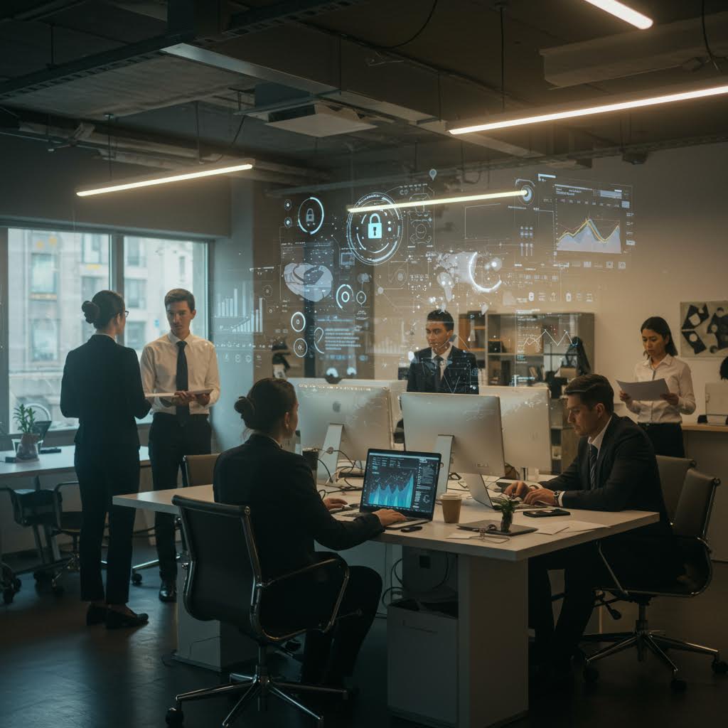 벽면에 떠오른 보안 아이콘과 그래프가 디지털 협업의 흐름을 상징하는 현대적 업무 공간의 인상