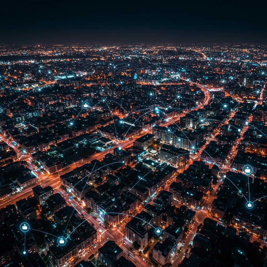 푸른빛의 네트워크 라인이 도시의 불빛 사이를 잇는 야경 속 연결의 흐름