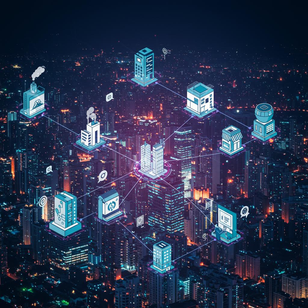 야경의 도시 위로 다양한 건물들이 디지털 네트워크로 연결된 모습으로, 루믹스의 스마트시티 데이터 통합 플랫폼과 연결 인프라 기술을 상징적으로 표현한 이미지.