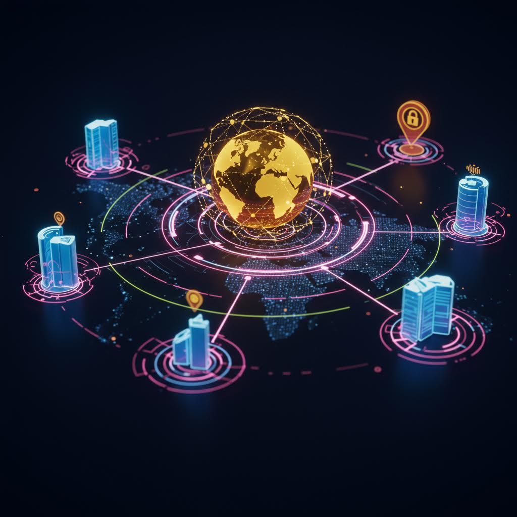 지구본을 중심으로 여러 도시와 서버가 네트워크로 연결된 디지털 지도가 펼쳐진 이미지로, 루믹스의 글로벌 데이터 보안 및 분산형 정보 관리 기술을 상징적으로 표현한 장면.