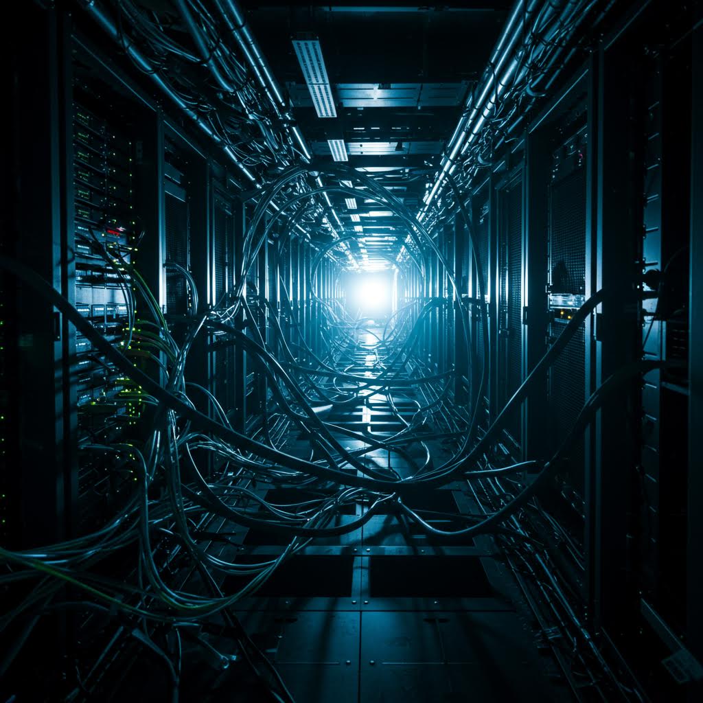 파란색 조명이 비추는 서버 랙 사이의 긴 복도를 따라 케이블들이 뻗어 있고 끝에서 밝은 빛이 보이는 데이터 센터 내부