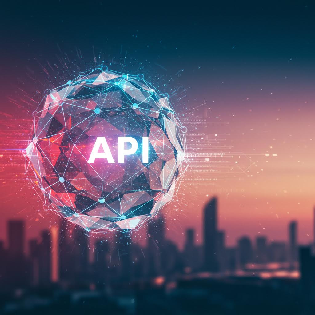 석양 지는 도시 스카이라인 위로 'API'가 새겨진 폴리곤 구체가 떠 있고, 데이터 스트림과 네트워크 노드가 방사형으로 퍼져 나간다. 애플리케이션 프로그래밍 인터페이스의 연결성과 혁신을 상징.