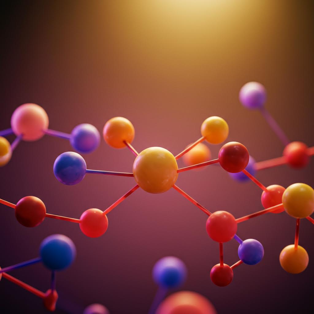 다채로운 구체들이 선으로 연결되어 빛 속에서 유기적으로 퍼져나가는 분자 구조의 흐름