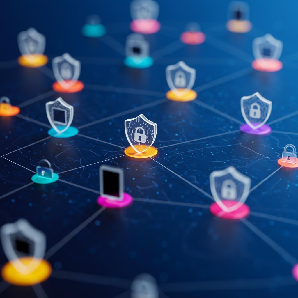 9개 그리드 콜라주: 각 장면에서 한 명의 사람이 미래 도시 앞에 서서 홀로그램 인터페이스를 조작하거나, 네트워크를 확장하거나, 빛나는 도시를 바라본다. 기술 진보와 인간의 여정을 단계별로 보여주는 서사적 시퀀스.