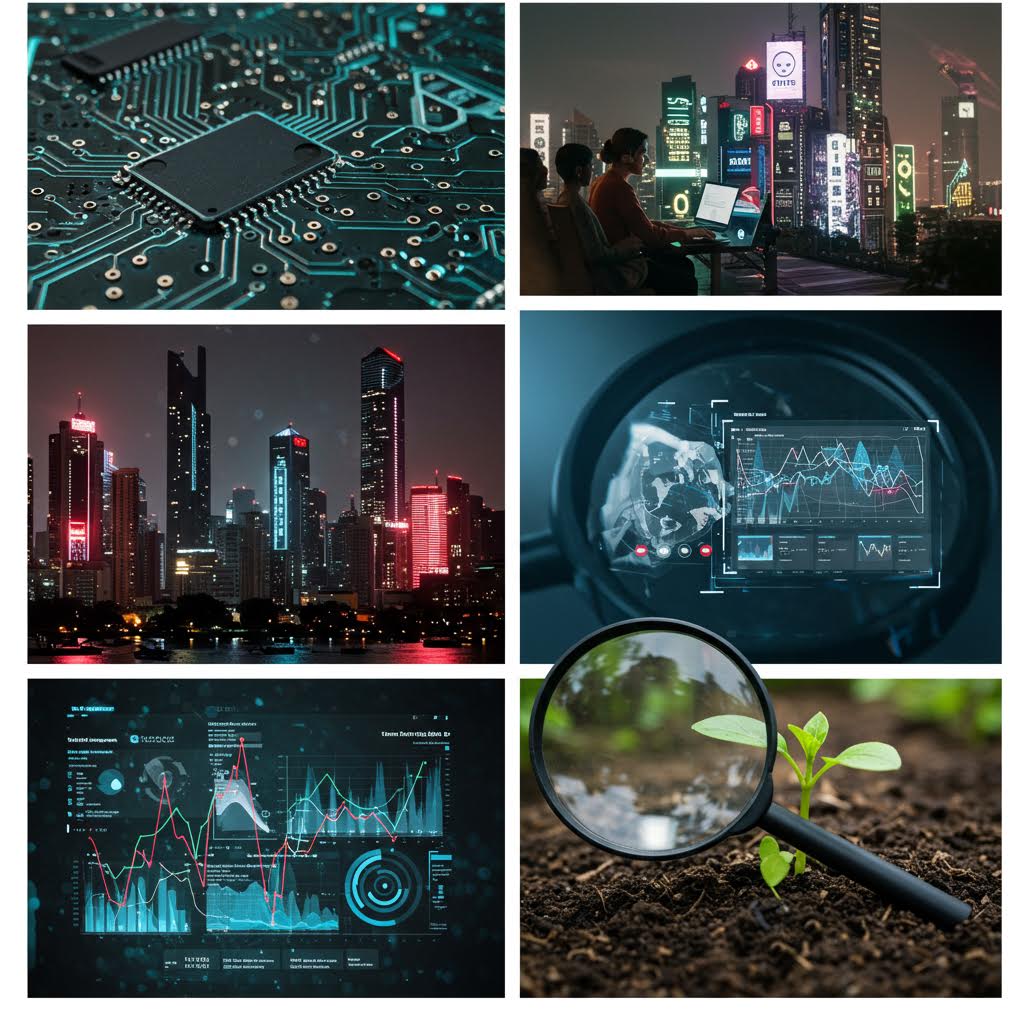 반도체 회로, 스마트 도시, 데이터 분석 그래프, 환경 모니터링 장면이 함께 구성된 콜라주 이미지. 루믹스솔루션을 활용한 통합 기술 플랫폼이 도시 인프라, 환경, 산업 데이터를 연결해 지속 가능한 혁신 생태계를 구축하는 모습을 표현하고 있다.