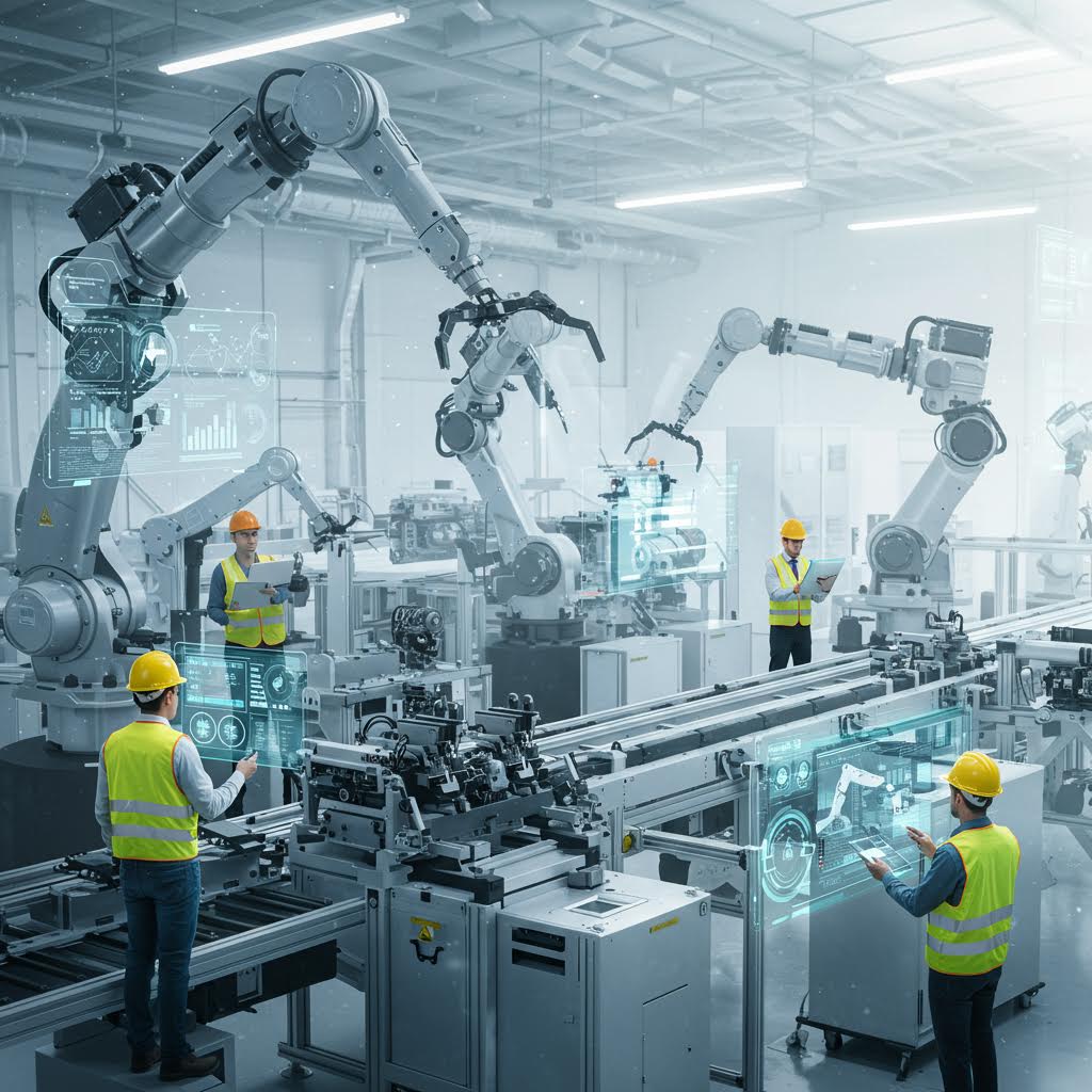 자동화된 로봇 팔과 스마트 장비가 작동하는 첨단 공장에서 엔지니어들이 데이터를 모니터링하는 장면. 루믹스솔루션을 기반으로 한 스마트 제조 시스템이 생산 효율을 높이고 공정 품질을 정밀하게 관리하는 모습을 표현하고 있다.