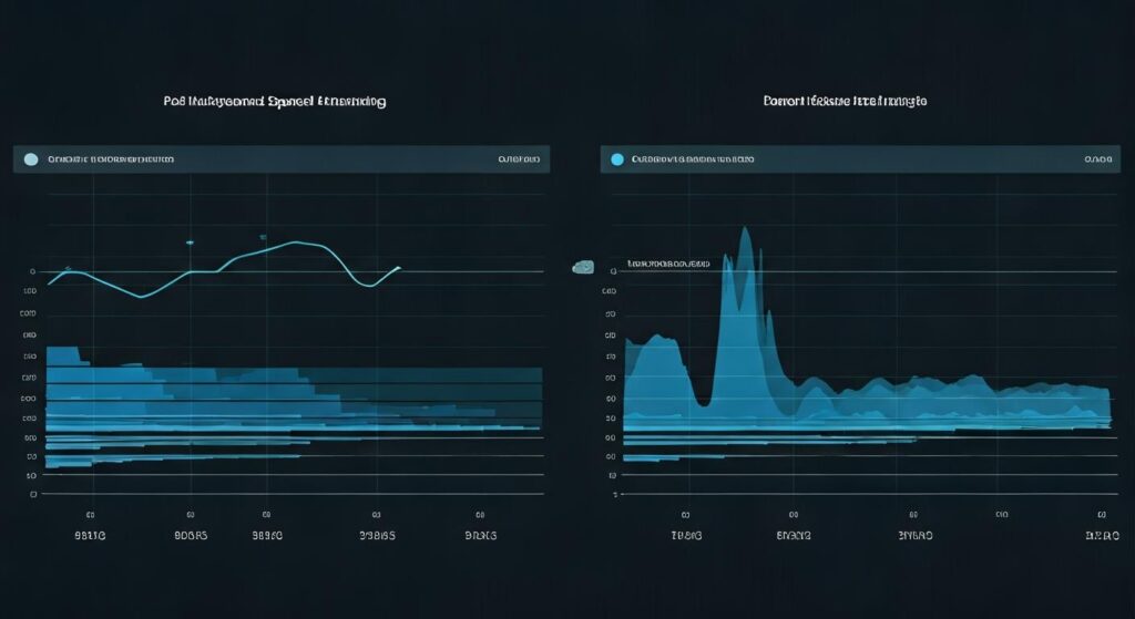 서버 성능 대시보드 – 네트워크 트래픽, 디스크 I/O, CPU 균형 사용률, 메모리 활용도를 녹색 그래프로 보여주는 실시간 모니터링 시스템