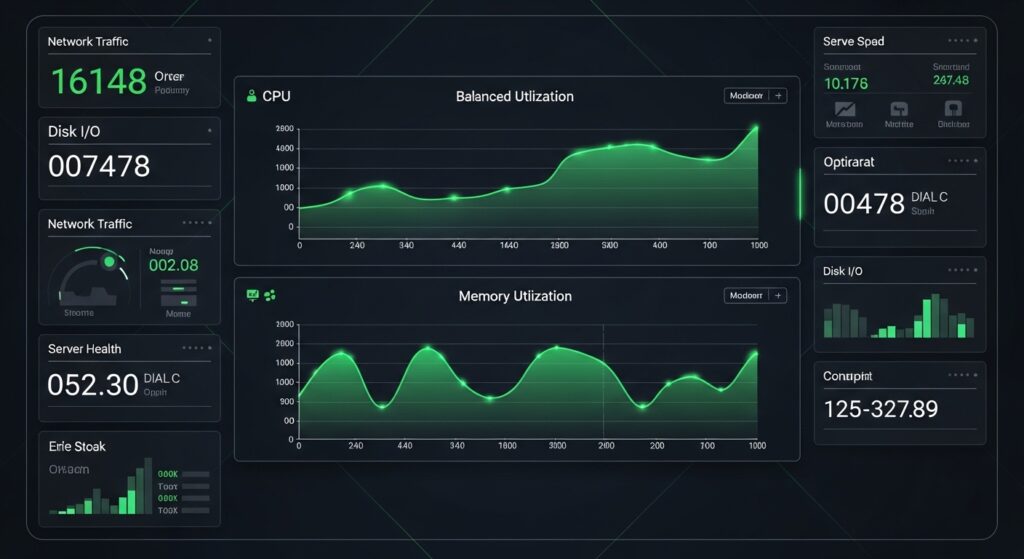 네트워크 병목 현상 분석 시스템 – 데이터 처리량, 지연 시간, 오류율을 시각화하고 경고 지점을 빨간색으로 표시한 트래픽 분석 대시보드