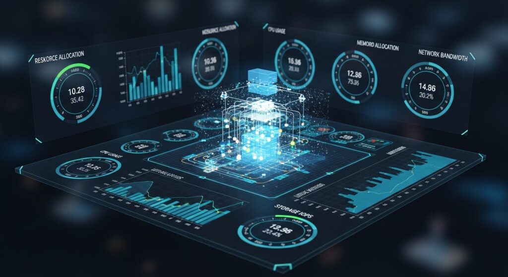 네트워크 병목 현상 분석 시스템 - 데이터 처리량, 지연 시간, 오류율을 표시하고 빨간색 경고점이 있는 트래픽 분석 홀로그램 대시보드