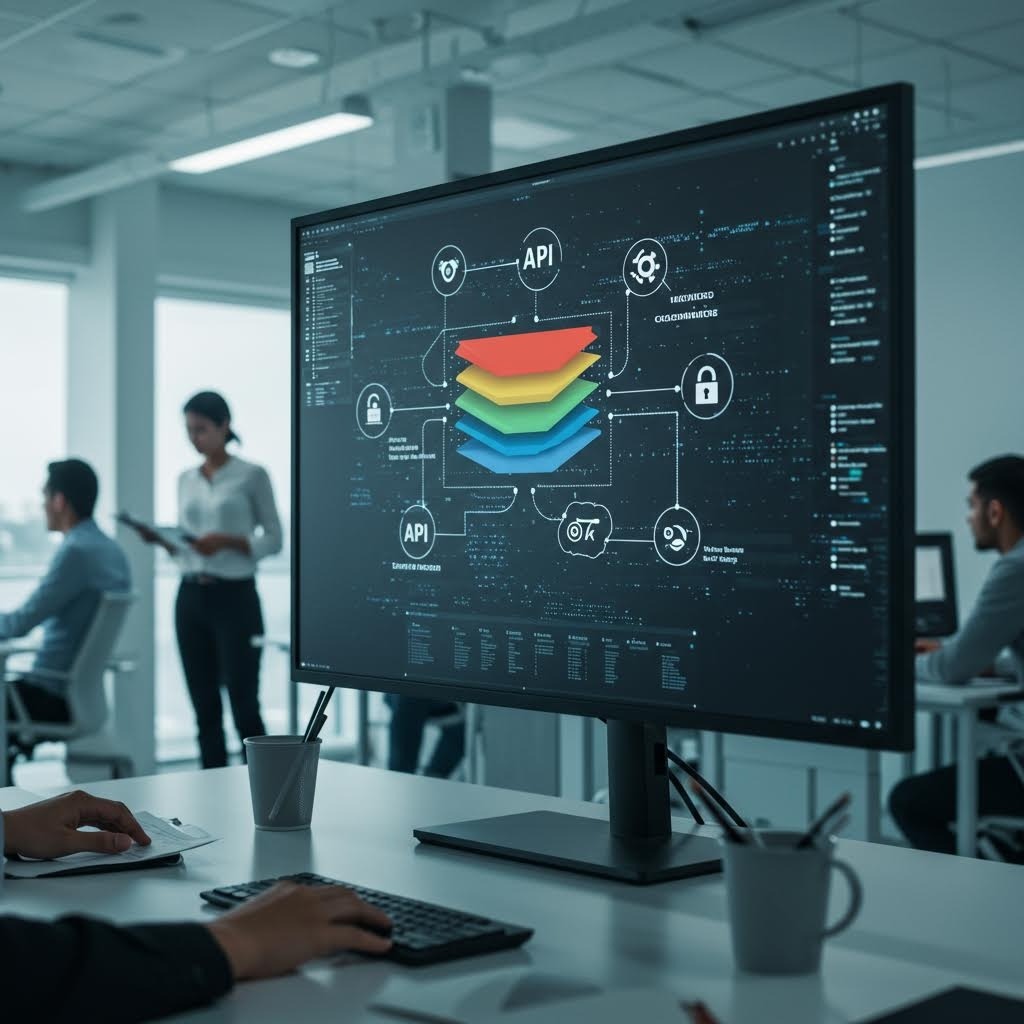 API 아키텍처 계층 및 보안 구성 요소를 보여주는 다이어그램을 표시하는 사무실 환경의 모니터