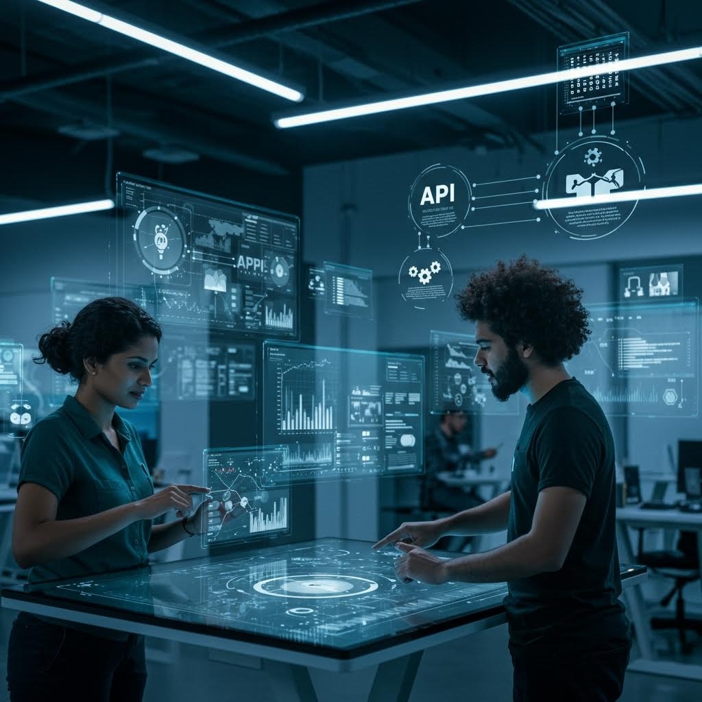 API 및 데이터 시각화 아이콘이 표시된 홀로그래픽 인터페이스 테이블에서 협업하는 두 명의 기술 전문가