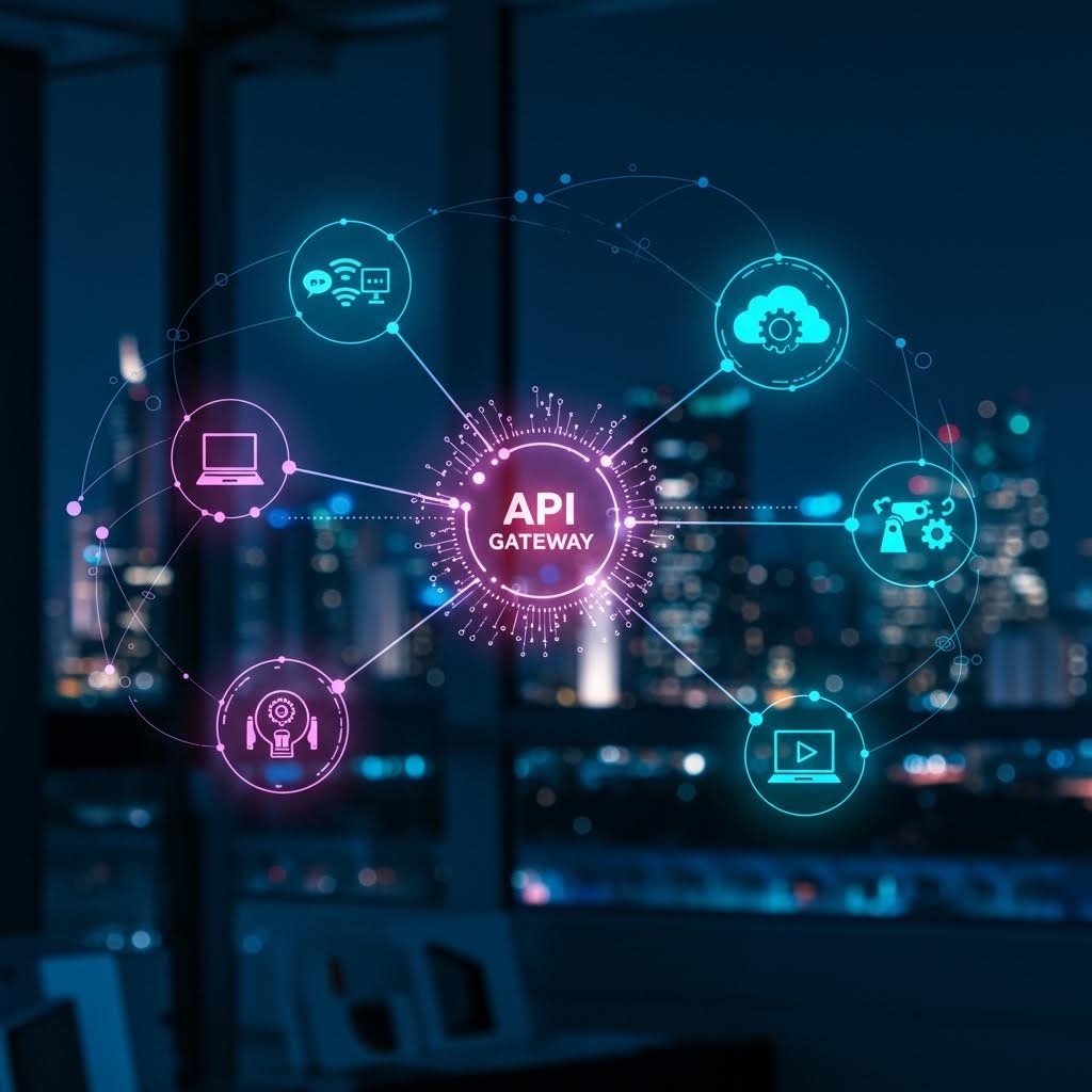 야경 도시를 배경으로 다양한 서비스 및 장치 아이콘에 연결된 중앙 API 게이트웨이를 보여주는 네트워크 다이어그램