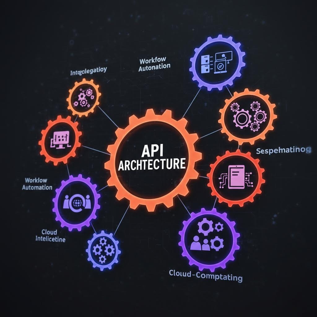 워크플로우 자동화, 클라우드 컴퓨팅 및 클라우드 인텔리전스와 같은 구성 요소가 연결된 중앙 API 아키텍처 톱니바퀴 다이어그램