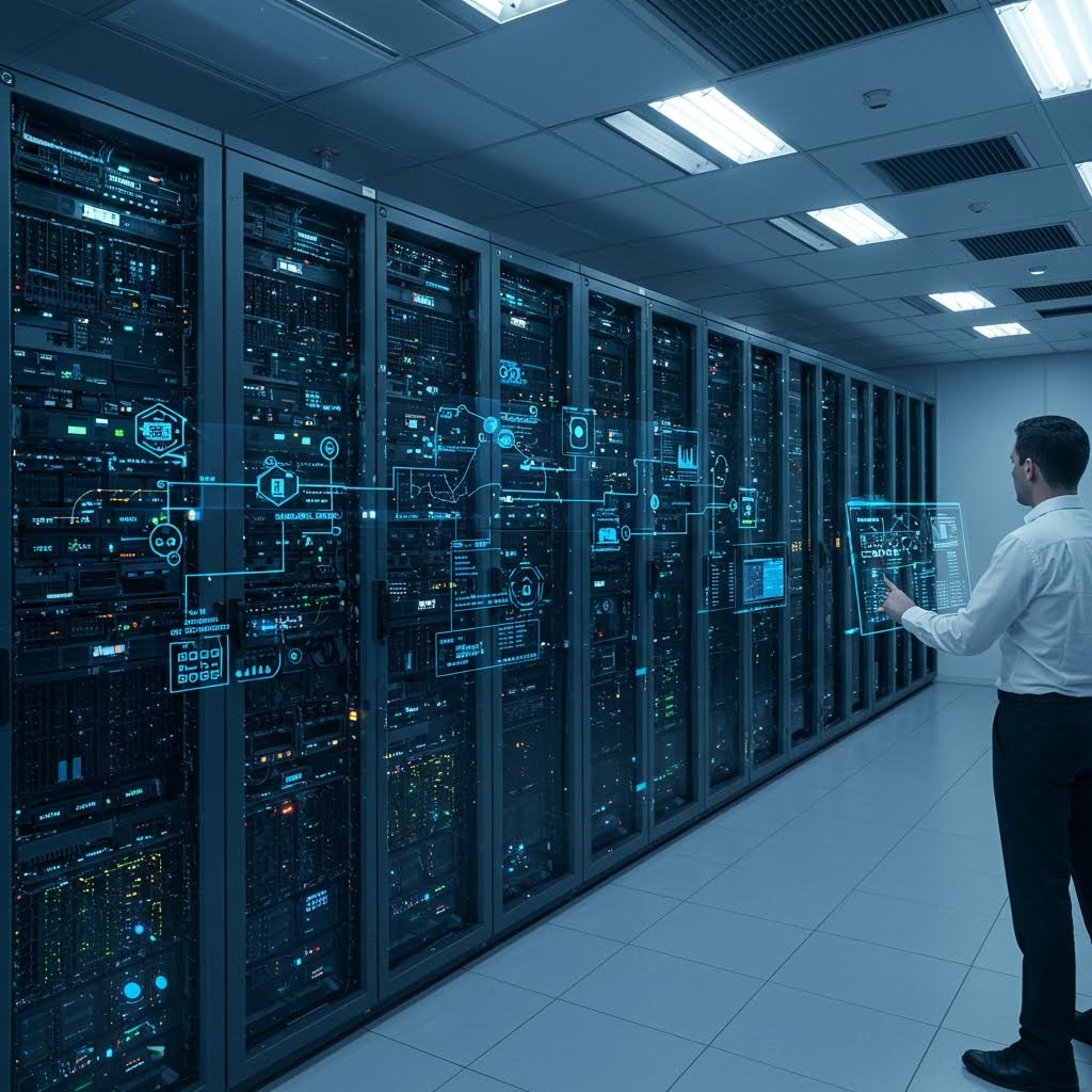 태블릿으로 디지털 모니터링 인터페이스 오버레이가 있는 서버 랙을 관리하는 데이터 센터의 IT 전문가