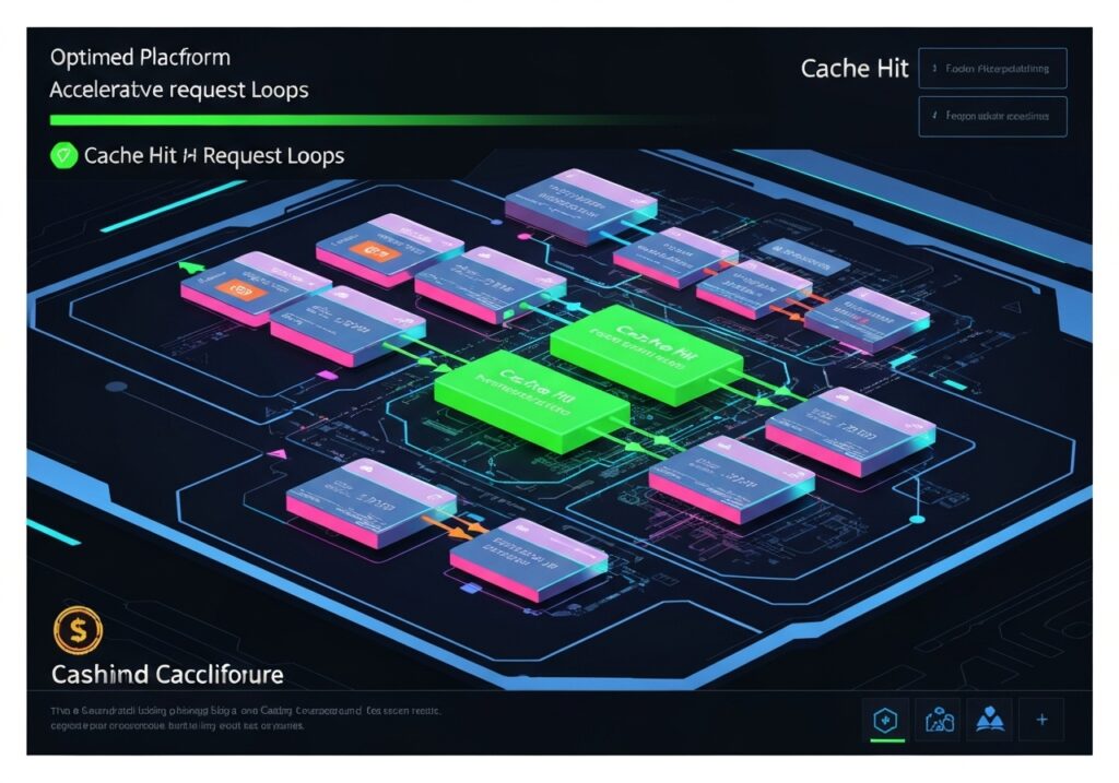 최적화 플랫폼 캐시 히트 요청 루프 – 다양한 색상의 데이터 블록이 연결된 캐싱 아키텍처 기반의 가속 요청 처리 시스템 다이어그램