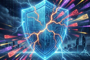 빛나는 데이터 덩어리들이 폭풍처럼 쏟아지는 가운데 디지털 방패가 금이 가며 무너지는 모습이다.