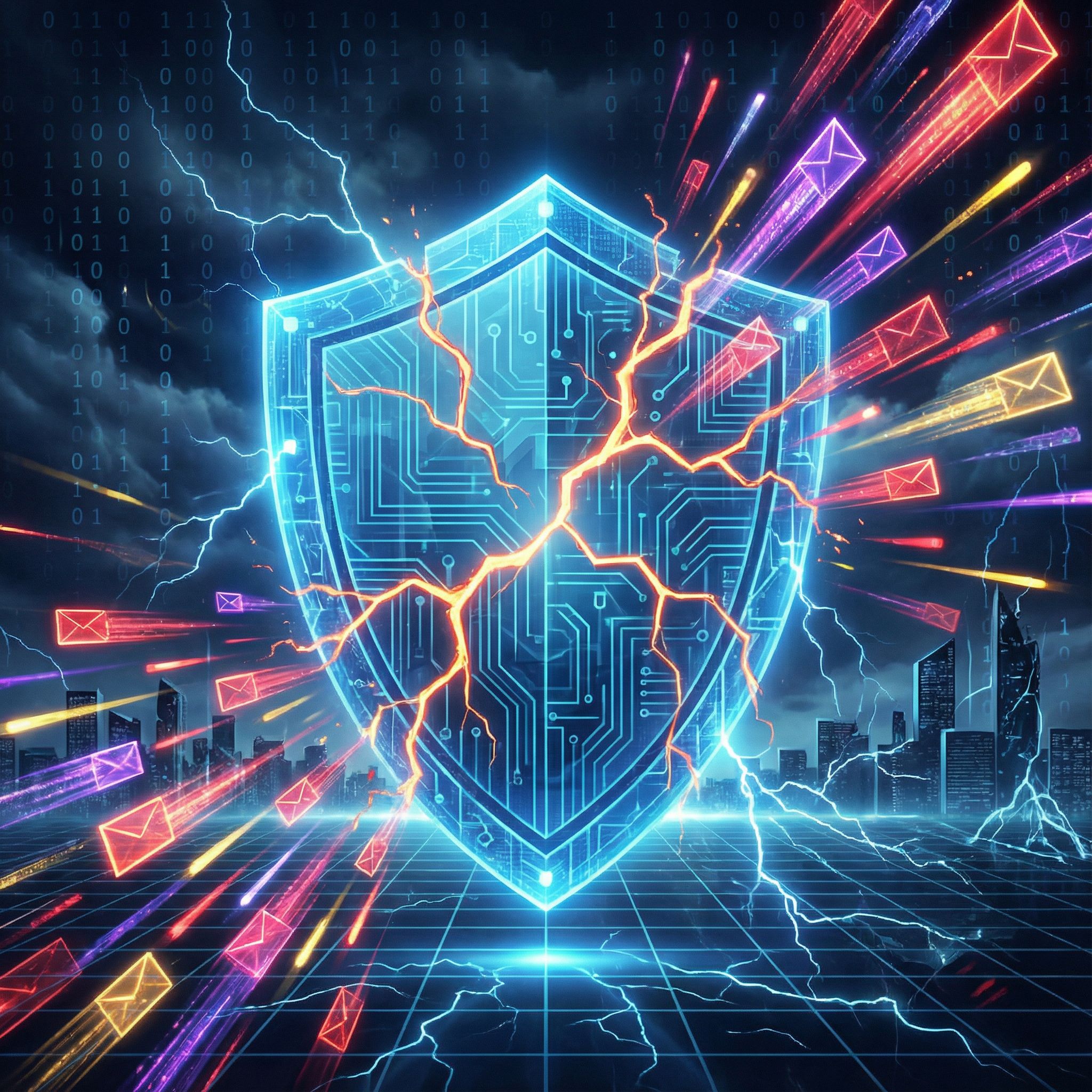 빛나는 데이터 덩어리들이 폭풍처럼 쏟아지는 가운데 디지털 방패가 금이 가며 무너지는 모습이다.