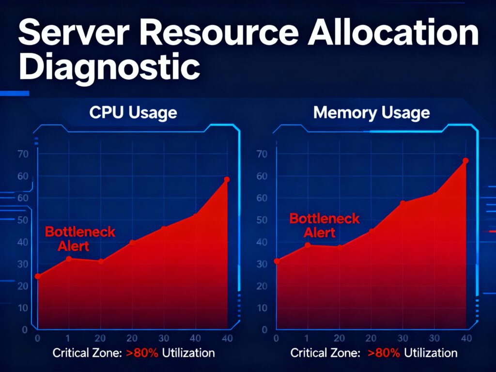 서버 리소스 할당 진단 대시보드 – CPU와 메모리 사용량 병목 현상을 경고하며, 80% 이상 임계 구역을 빨간색 그래프로 표시
