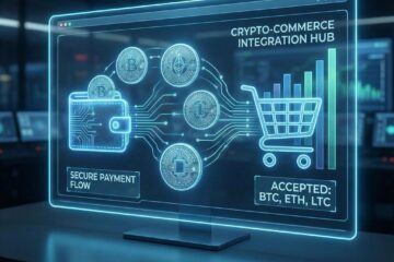 미래적인 대시보드에 쇼핑 카트로 유입되는 디지털 코인들이 표현되어 암호화폐 결제 통합 플랫폼을 보여줍니다.