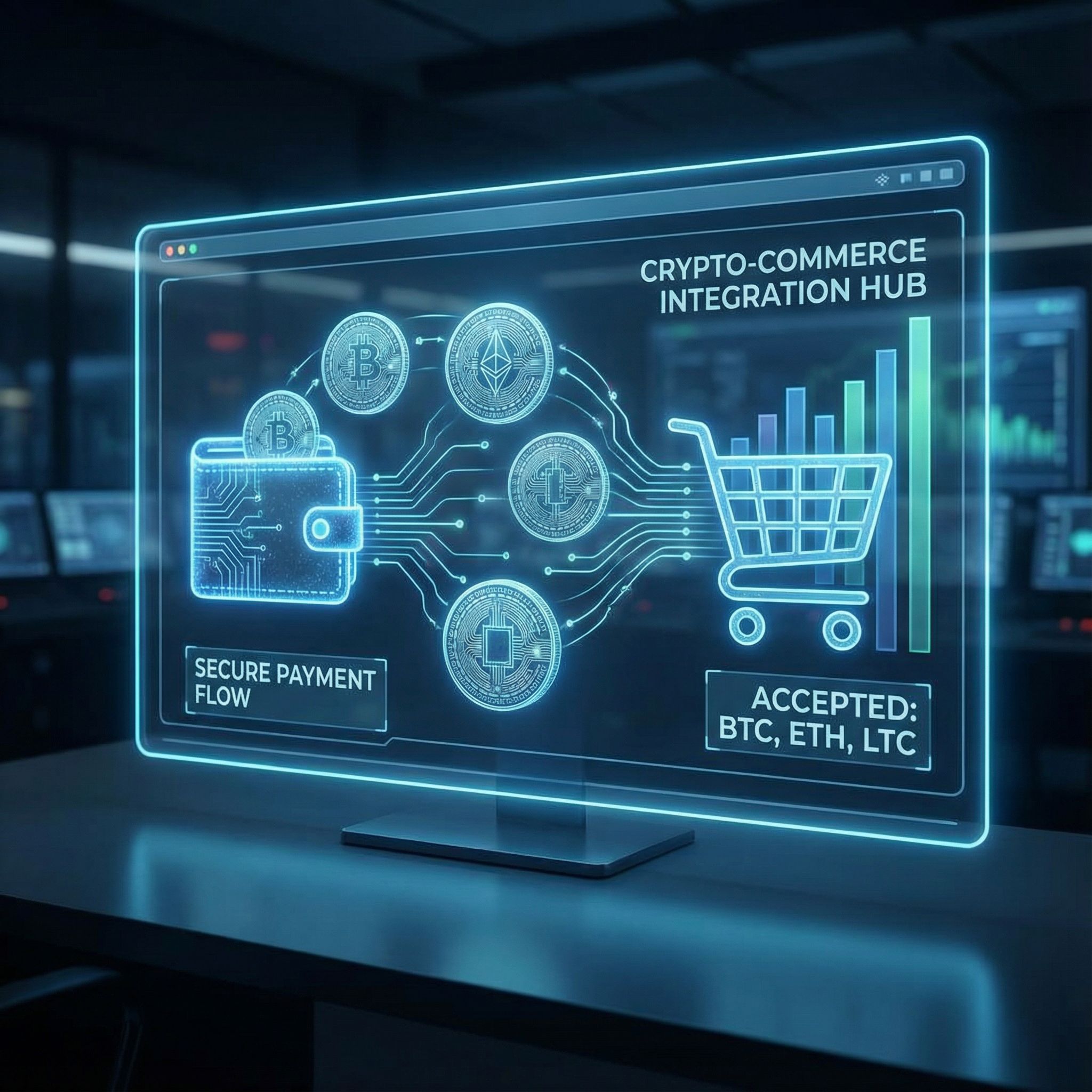 미래적인 대시보드에 쇼핑 카트로 유입되는 디지털 코인들이 표현되어 암호화폐 결제 통합 플랫폼을 보여줍니다.