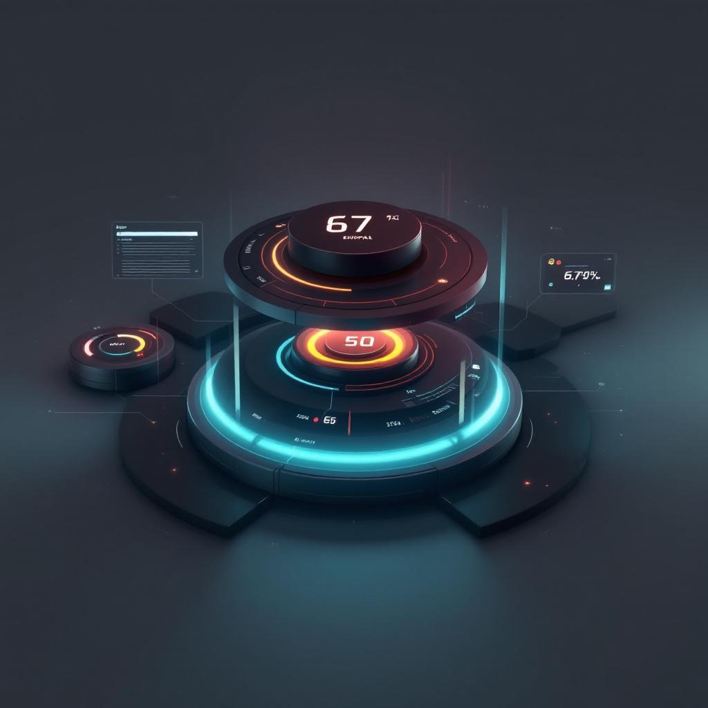 3D 성능 모니터링 게이지 - 67과 50 수치를 표시하는 다층 원형 지표와 청록색 조명이 있는 미래형 시스템 상태 시각화