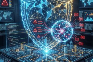 복잡한 도시 지도 위로 형성되는 푸른빛 디지털 방패와, 중앙 AI 신경망이 분석하는 데이터 흐름과 경고