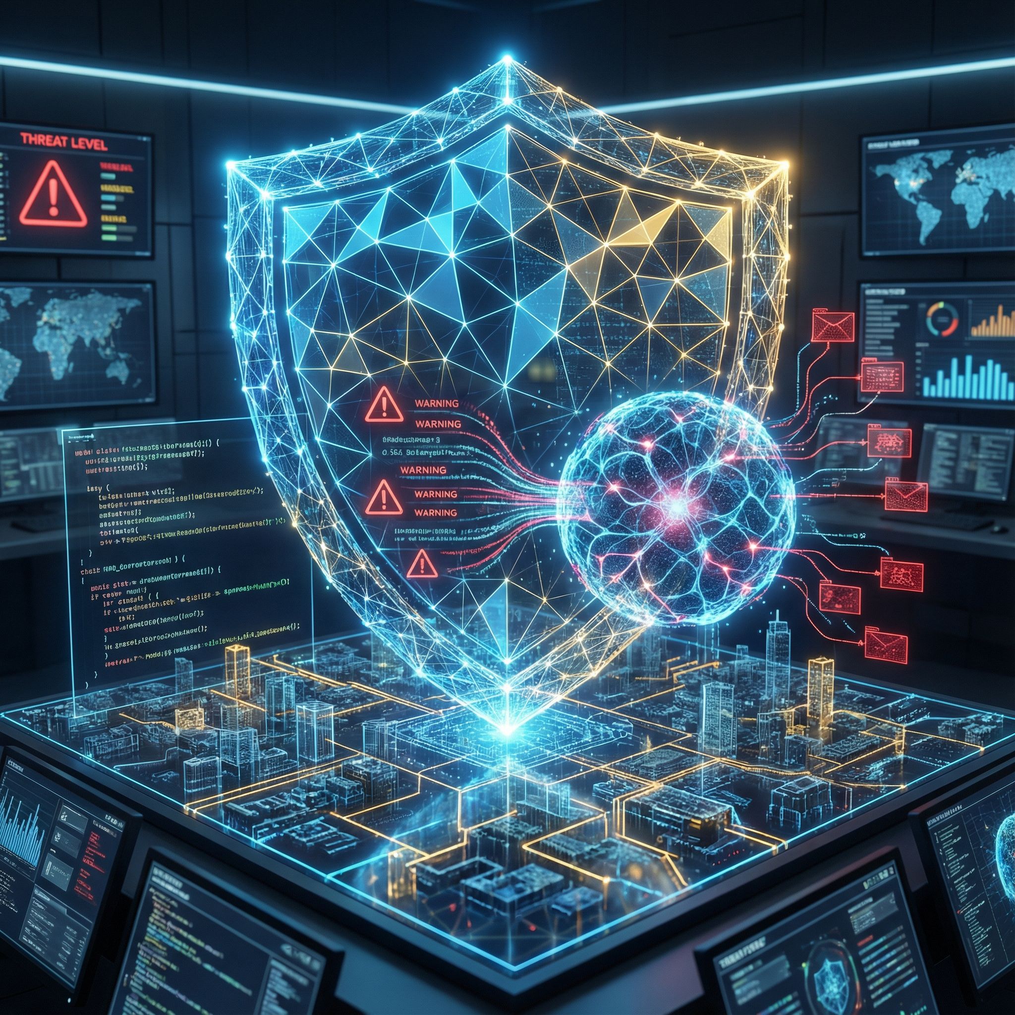 복잡한 도시 지도 위로 형성되는 푸른빛 디지털 방패와, 중앙 AI 신경망이 분석하는 데이터 흐름과 경고