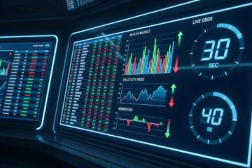 실시간으로 변동하는 배당률 그래프와 숫자가 역동적인 디지털 화면을 가득 채운 모습이다.
