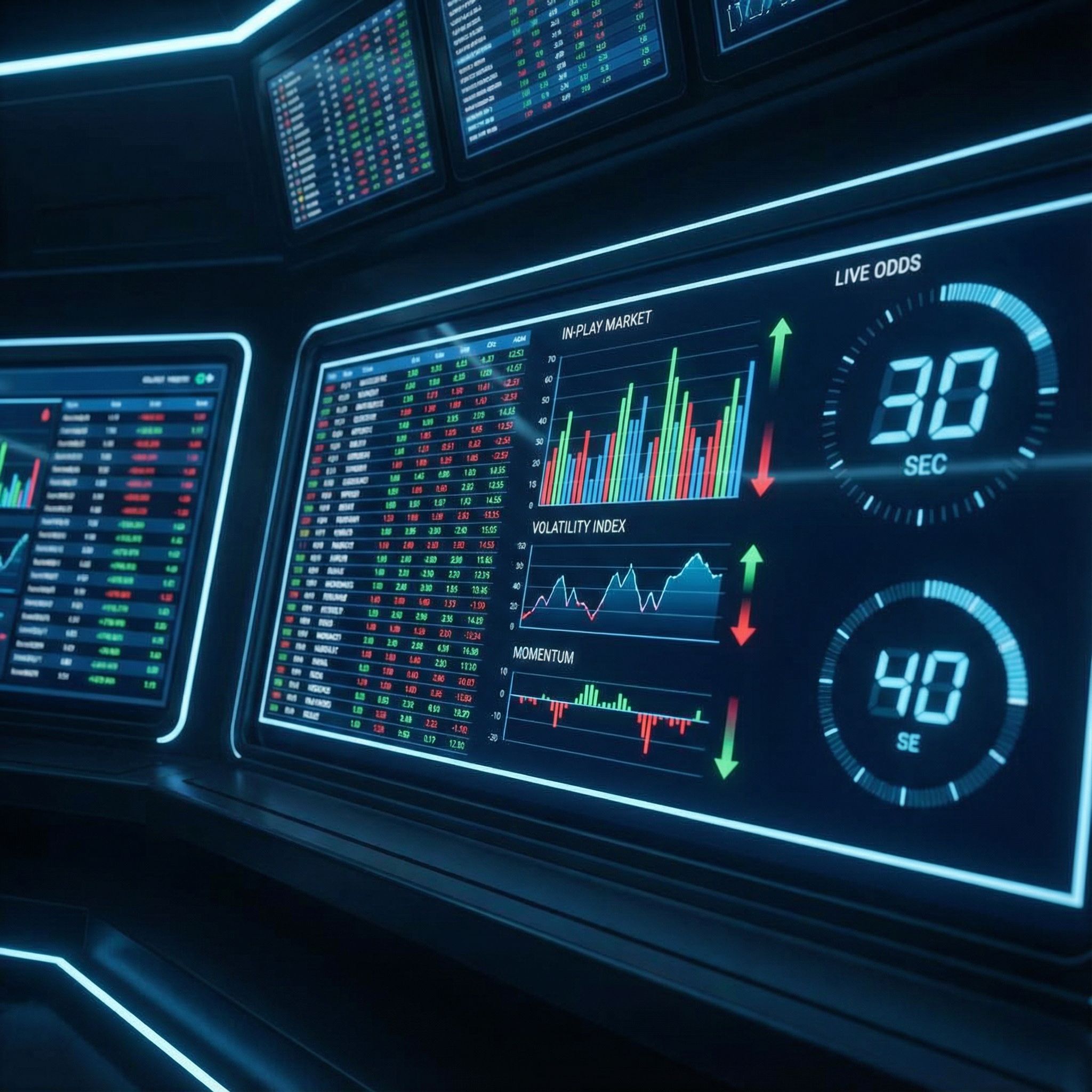 실시간으로 변동하는 배당률 그래프와 숫자가 역동적인 디지털 화면을 가득 채운 모습이다.