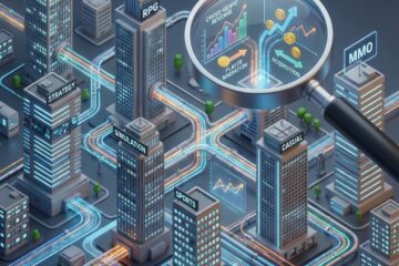 여러 게임 장르가 적힌 기업 건물들이 연결된 3D 지도 위에서 확대경이 시장 흐름과 관계를 분석하는