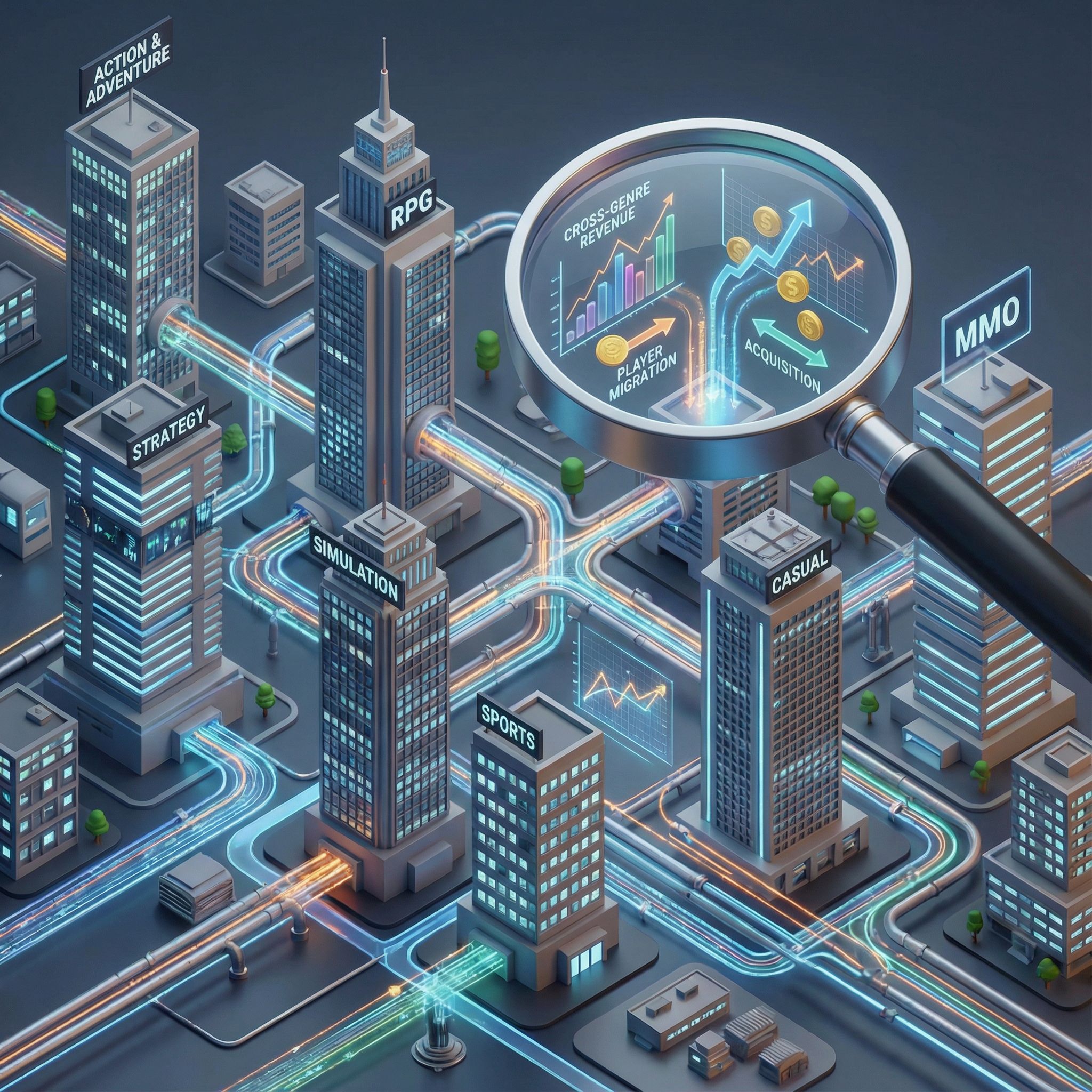 다양한 장르로 구분된 빌딩들이 데이터 파이프로 연결되고 확대경 아래 수익 흐름이 분석되는 구조적 장면