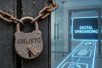 검은색 금속 자물쇠가 문을 잠근 모습 옆으로 밝은 푸른색 디지털 경로가 빛나고 있습니다.