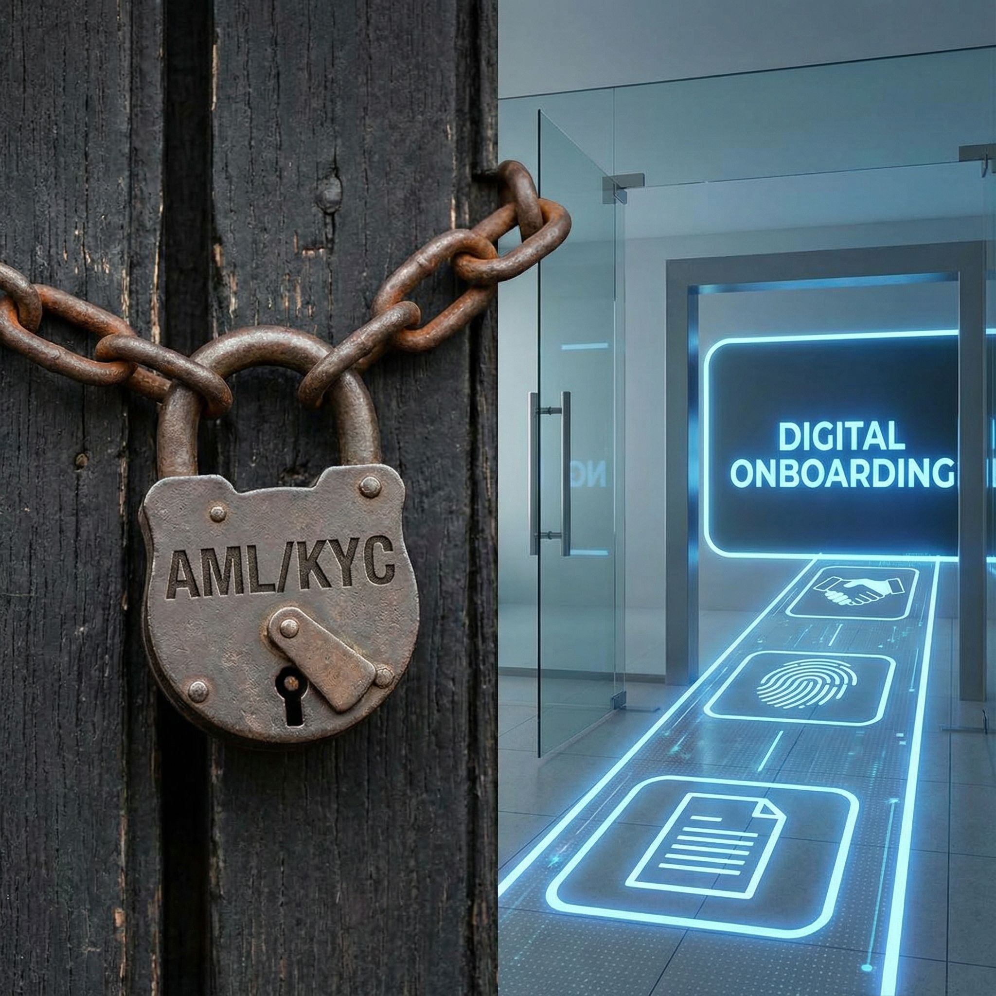 검은색 금속 자물쇠가 문을 잠근 모습 옆으로 밝은 푸른색 디지털 경로가 빛나고 있습니다.