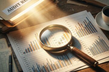 통계 차트 위에 놓인 확대경과 감사 보고서 문서가 데이터를 비추는 빛을 발산하는 모습이다.