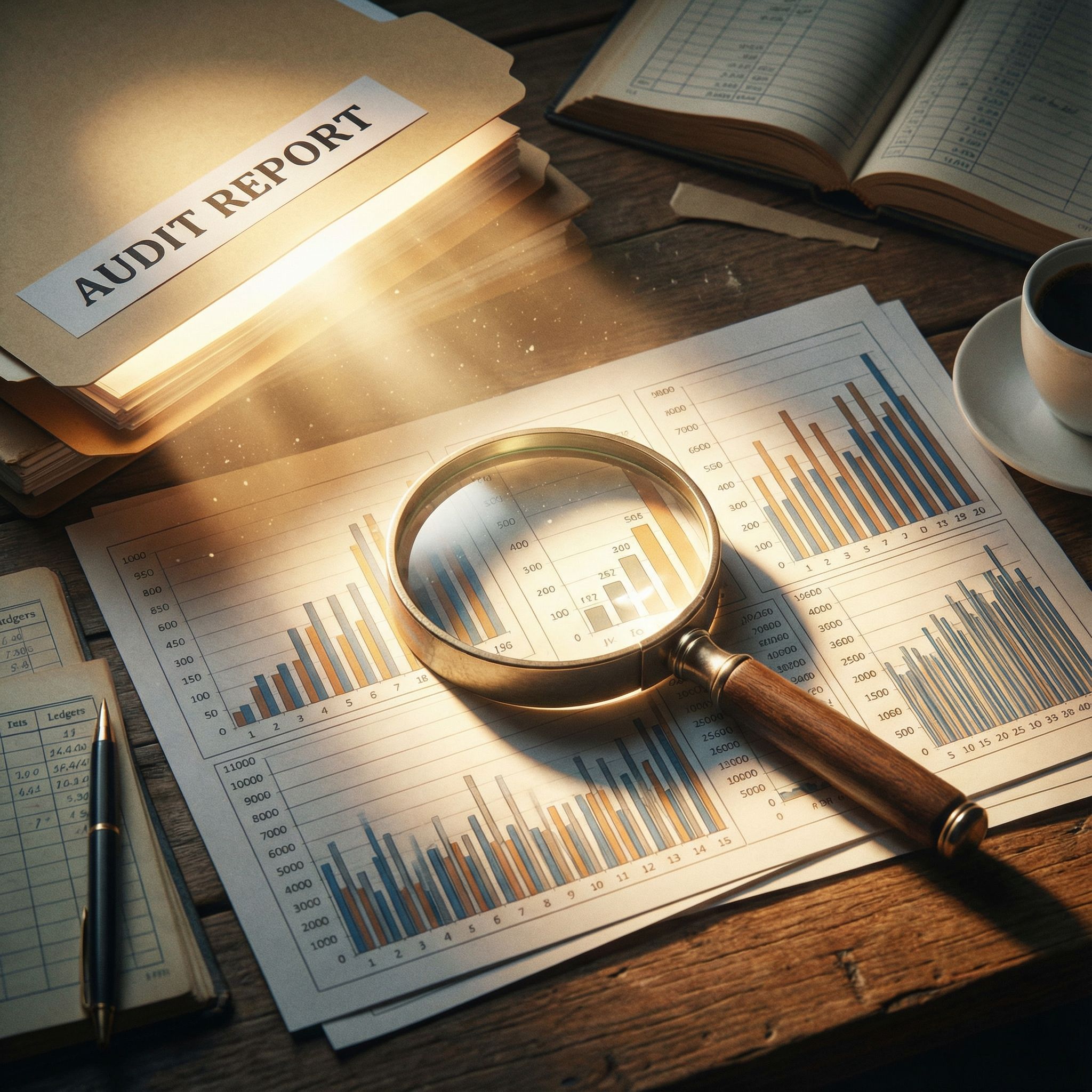 통계 차트 위에 놓인 확대경과 감사 보고서 문서가 데이터를 비추는 빛을 발산하는 모습이다.