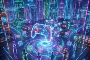 빛나는 디지털 도시 속에 게임 컨트롤러와 네트워크 노드가 결합되어 있고, 아바타들이 투명한 투표를