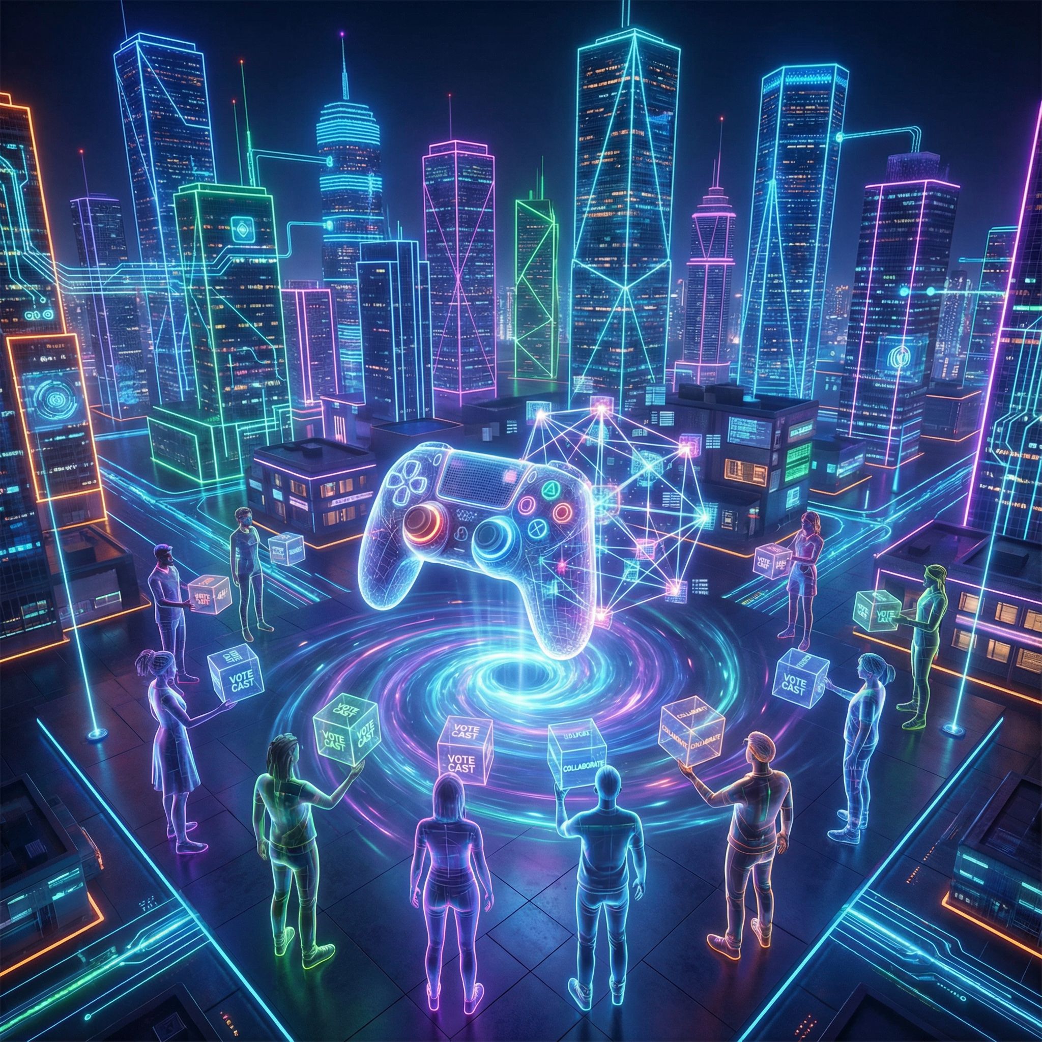 네온으로 빛나는 도시 한가운데에서 가상 기기가 중심에 떠오르고 사람들이 디지털 표식을 들고 연결되는 참여의 장면