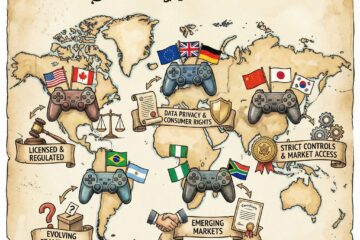 게임 컨트롤러 모양의 아이콘이 각국 국기와 법률 문서 기호와 함께 표시된 일러스트 세계 지도입니다.