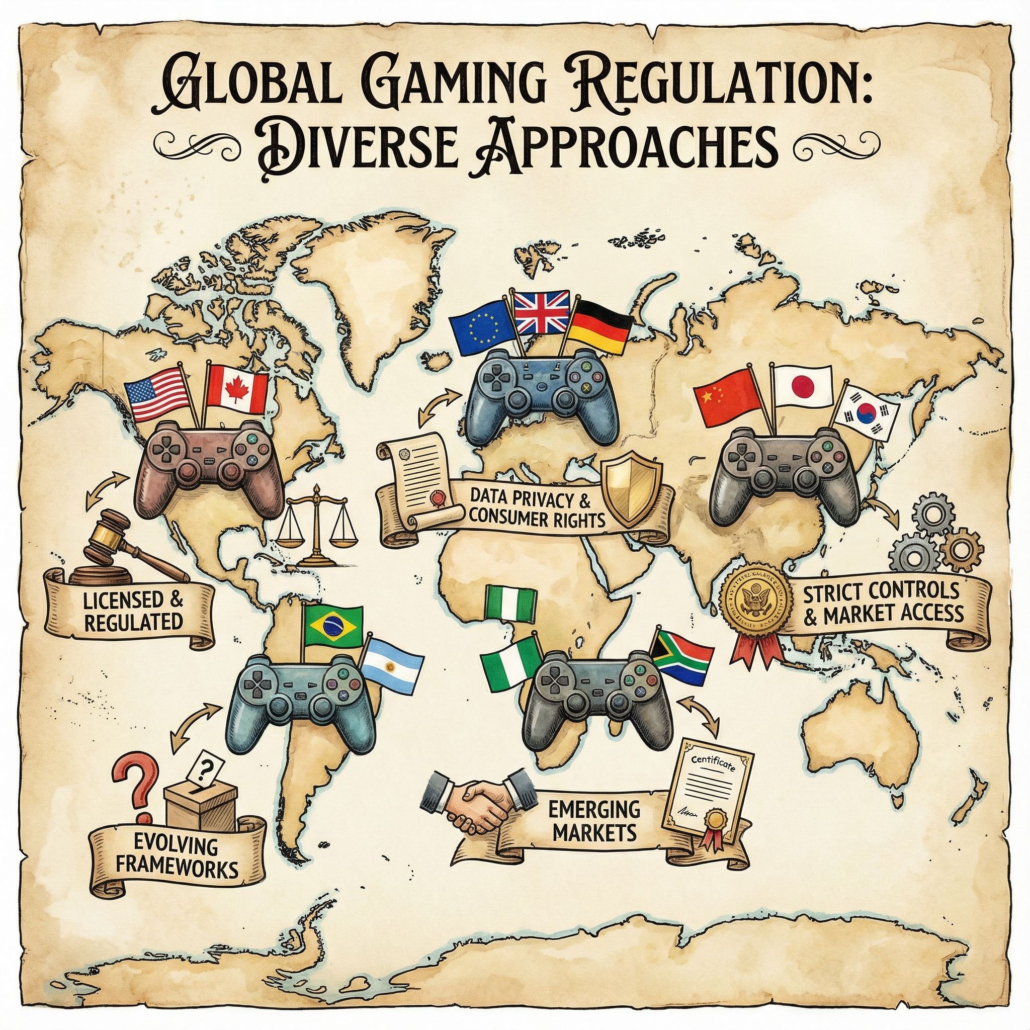 게임 컨트롤러 모양의 아이콘이 각국 국기와 법률 문서 기호와 함께 표시된 일러스트 세계 지도입니다.