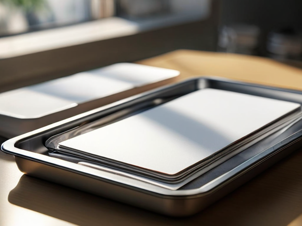 Brushed metal surface holds blank divider cards and a compact storage tray, representing organized saved references in morning...