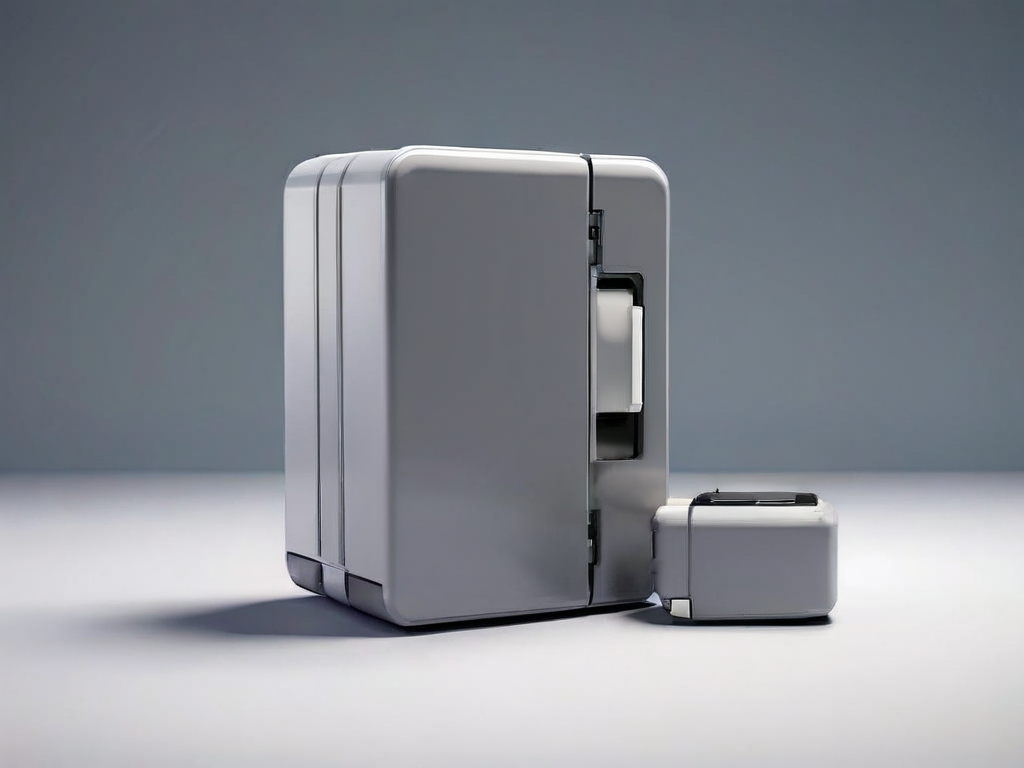 Portable drive, stacked data blocks, and small capacity gauge on gray surface.