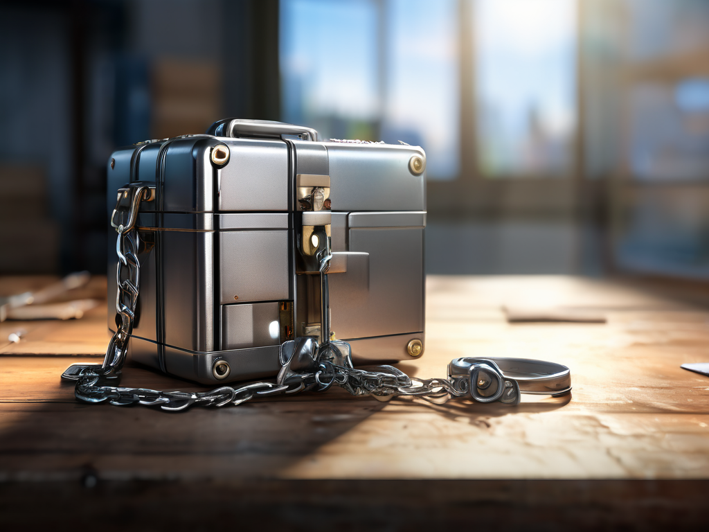 Metal chain links connecting a sealed storage case to small blocks representing digital file locations on a brushed metal surface.