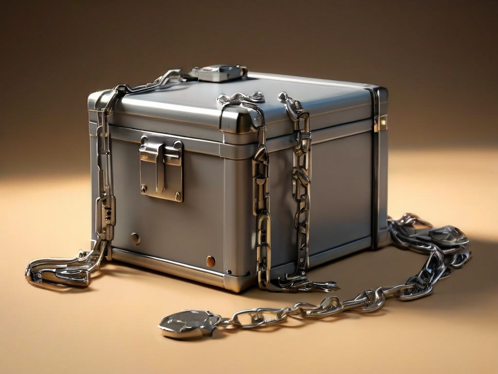 A sealed metal case with a short chain and separate small blocks representing connected file locations on a gray surface.