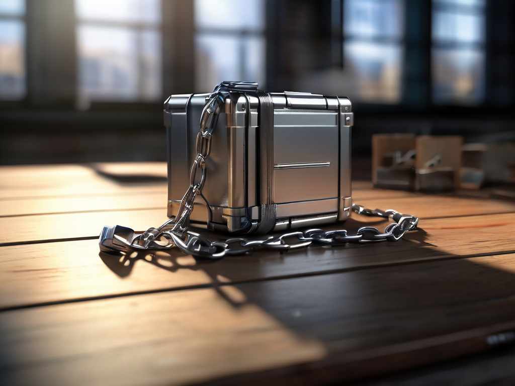 Brushed metal case and chain with scattered file blocks on a sunlit surface.