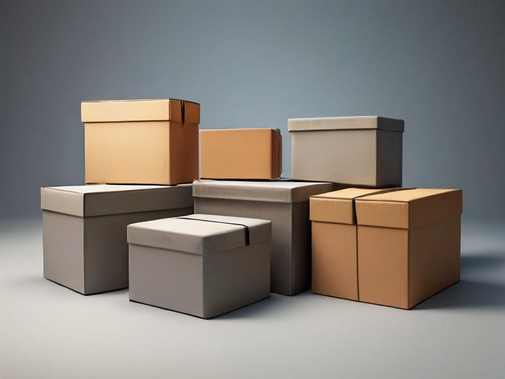 Stacked gray archive boxes with small blank compartments on a studio surface, soft side light and shadow.