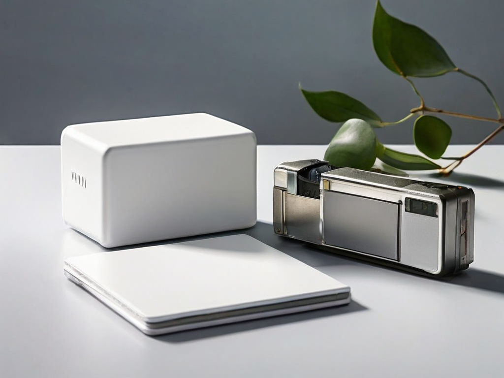 Blank memory card, sealed external drive, and empty photo sleeve on a stone counter for archive review.