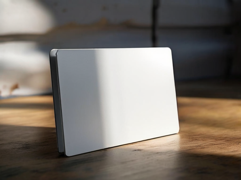 Blank date-stamped divider cards beside a compact storage block on brushed metal, angled morning light, shallow depth of field.