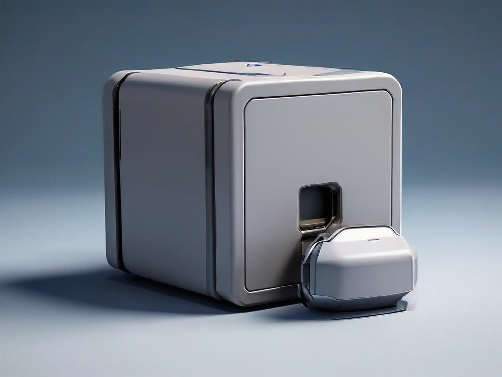 A portable storage drive with blank data blocks beside a small capacity gauge on a gray studio surface.